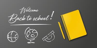 Back to school holiday poster featuring a notebook and pen on a black background. Includes small handwritten back to school message. vector