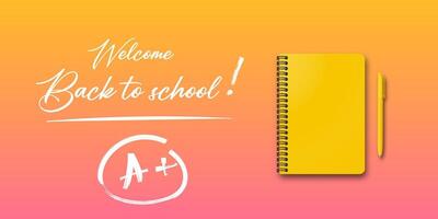 Education poster for students. Back to school holiday design with a notebook and pen on an autumn background. Handwritten back to school text included. vector
