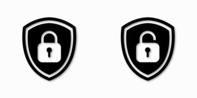 Shield padlock icon set with lock and unlock designs. Symbols for safeguarding and protection. vector