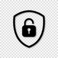 Open padlock shield icon representing security. Unlock sign for privacy themes. vector