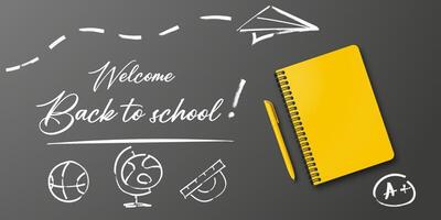 Holiday poster for students. Back to school design with a notebook and pen on a black background. Includes handwritten back to school text. vector
