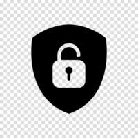 Icon of a shield featuring an open padlock. Unlock symbol for protection and accessibility. vector