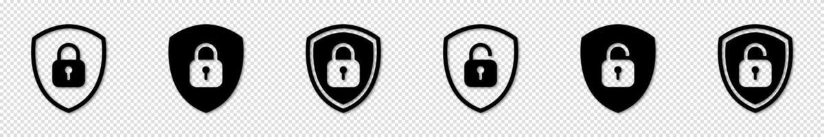 Set of shield icons with closed and open padlocks. Security symbols for safeguarding themes. vector