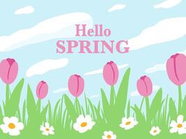 Hello Spring text and pink flowers banner concept. vector