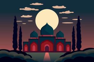Arabian style palace with night sky and moon in background, flat style vector