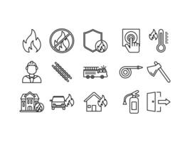 Set of Firefighter and Fire Brigade icons. Includes icons of fire, fire extinguisher, burns, emergency, water hose, ladder and more, etc. isolated white background, line editable. vector
