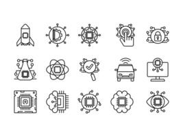 Set of artificial intelligence line icons. Technology, ai, rocket,research, brain, chip etc and more. isolated white background,Editable line vector