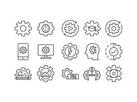 Set of gear settings control panel line icons. configurations, adjustments, statistical data, installations, strategy knowledge, energy, processes and more. Isolated white background. vector