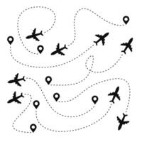 Big set plane route line. Airplane travel concept with map pins vector