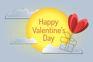 Poster or banner with clouds, sun and a gift in the sky in paper cut style. Happy Valentine's Day. vector
