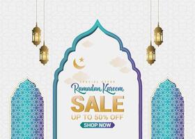 Ramadan Kareem Sale. Discover a luxurious Arabic Islamic design with a realistic white and golden ornamental background, intricate Arabic patterns, and a decorative arch frame. vector