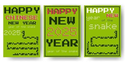 Happy new year vertical posters. Chinese new year 2025. Year of the snake. Retro game conceptual designs. vector