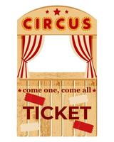 Vintage wooden circus ticket booth with red striped curtains and marquee lights on a white background. Carnival themed design with decorative text and tickets. vector