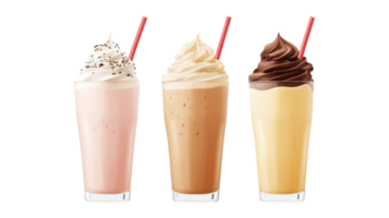 three delicious milkshakes with whipped cream on transparent background png