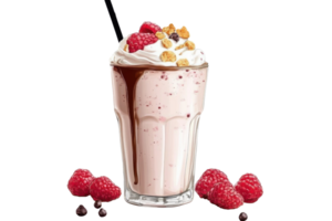 raspberry milkshake with whipped cream and chocolate topping on transparent background png