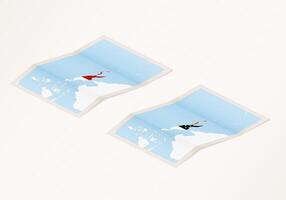 Two versions of a folded map of Papua New Guinea with the flag of the country of Papua New Guinea and with the red color highlighted. vector