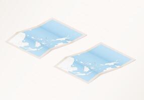 Two versions of a folded map of Palau with the flag of the country of Palau and with the red color highlighted. vector