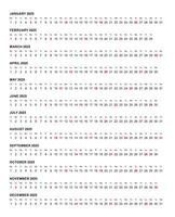 Simple horizontal calendar template year 2025 vector