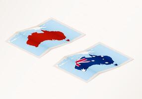 Two versions of a folded map of Australia with the flag of the country of Australia and with the red color highlighted. vector