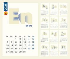 Calendar 2025 template in Spanish language, minimalist calendar set for 2025 year. vector
