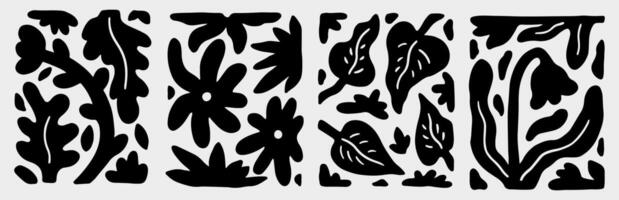 Set of black silhouette designs with an organic, abstract patterns on a light gray background. Curved and irregular shapes resembling leaves or plant-like forms. hand-drawn illustration. vector