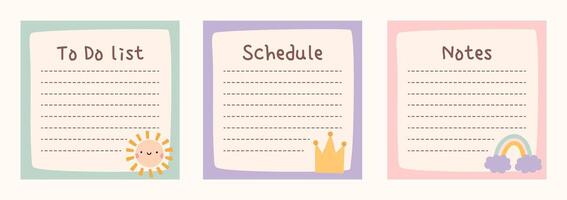 Cute to do list templates set. Kawaii design of daily planner, schedule or checklist. Perfect for agenda, planning, memo, notes, self-organization. Stationery for children. vector