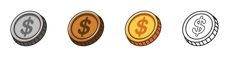 Simple Dollar coin illustration in gold, silver, and bronze tones with outline style vector