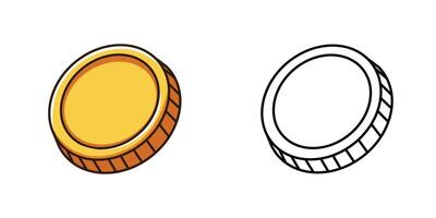 Golden coin illustration with outline version, isolated on white background vector