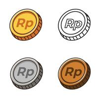 Indonesian Rupiah coin illustration in gold, silver, and bronze colors, with outline version vector