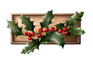holly berries and leaves on wooden tray on transparent background png
