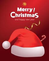 merry christmas and happy new year greeting card with red hat and candy cane vector