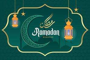ramadan kareem greeting card with lanterns and crescent vector