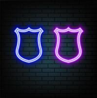Neon light speech bubble. Check mark line icon. Accepted or Approve sign. Tick shield symbol. Neon light background. Confirmed glow line. Brick wall banner. vector