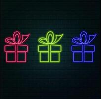 Neon Gift Box, Christmas and New Year decoration. Colorful festive Set of Neon Gift with bow, outline style. Glowing icon, sign and symbol for Holiday design. illustration kit vector