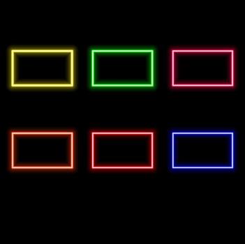 Neon rectangle frame with light. Border with led glow. Geometric shape laser sign for text. Fluorescent design elements for club, buttons or advertising. vector