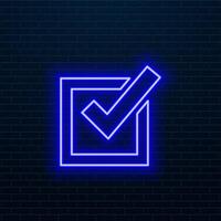 A large green outline checkbox symbol on the center. Green Neon style. Neon color with shiny stars. illustration on black background vector