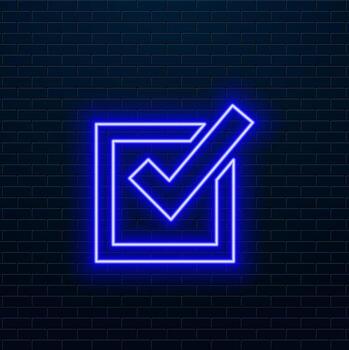 A large green outline checkbox symbol on the center. Green Neon style. Neon color with shiny stars. illustration on black background vector