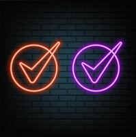 Glowing neon light Check mark icon and tick mark icon. Selected or correct symbol. vector