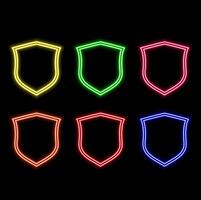 Shield neon light icon set. Guard shields armour shiny laser collection. vector