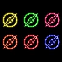 Neon map pin icon icons in blue and grove color on a brick wall. A concept for navigation. vector