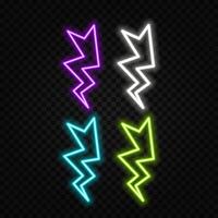 Big Neon set of lightning bolt. Glowing electric flash sign, thunderbolt electricity power icons. lightning set on black background vector