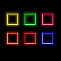 Neon square frame set realistic. Colorful glowing rectangle borders isolated. Action button UI elements with copy space. vector