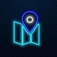 Glowing neon Location of South Korea icon isolated on brick wall background. vector