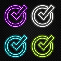 Check line icon. Neon laser lights. Approved Tick sign. Confirm, Done or Accept symbol. Glow laser speech bubble. Neon lights chat bubble. Banner badge with verify icon. vector