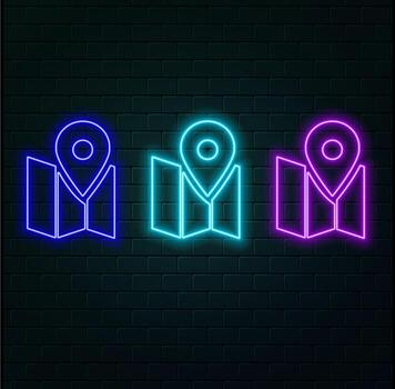Neon location icon on dark background. Bright animated location symbol. vector