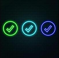 Glowing neon light Check mark icon and tick mark icon. Selected or correct symbol. blue color. vector