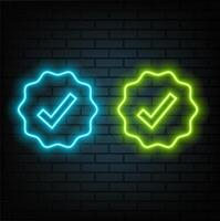 Glowing neon tick mark icon isolated Shield .Neon Yes mark icon. On black background. vector