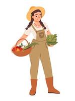 Woman with spring harvest basket. Sustainable farming and organic produce. Flat illustrations isolated on white background. vector