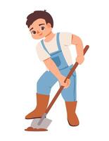 Child with a shovel during a spring harvest. Flat illustrations isolated on white background. vector