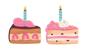 Festive birthday cakes with candles and layered icing. Flat illustration. vector